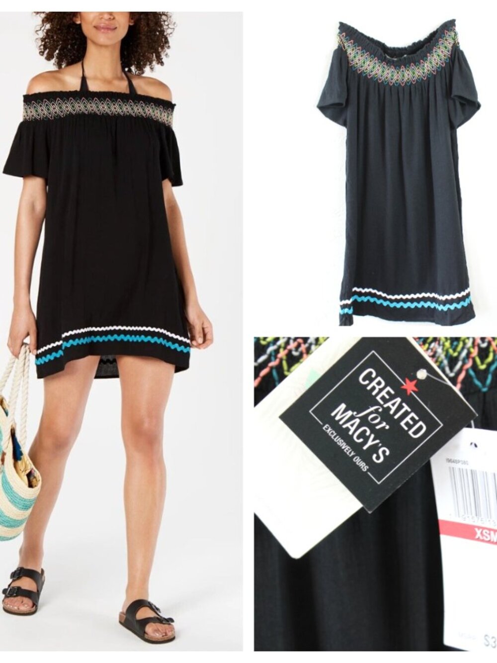 Miken Embroidered Smocked Off The Shoulder Cover Up Black XSmall NWT